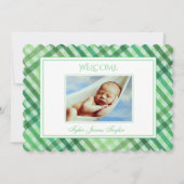グリーンプレイドスクリパーソナライズされたプトベビーフォト誕生 案内状 (正面)