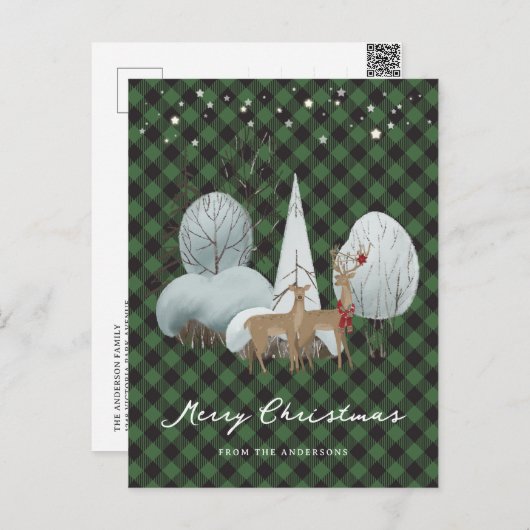 グリーンプレイドスターズトナカイのメリークリスマス シーズンポストカード (正面/裏面)