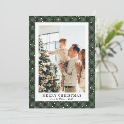 グリーンプレイドスノーフォトメリークリスマスカード シーズンカード (スタンド正面)