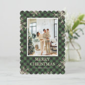 グリーンプレイドスノーフレーク写真メリークリスマス シーズンカード (スタンド正面)