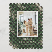 グリーンプレイドスノーフレーク写真メリークリスマス シーズンカード (正面/裏面)