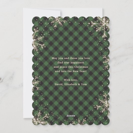 グリーンプレイドスノーフレーク写真メリークリスマス シーズンカード (裏面)