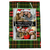 グリーンプレイドタータンチェックフォトコラージメリークリスマス ミディアムペーパーバッグ (正面)