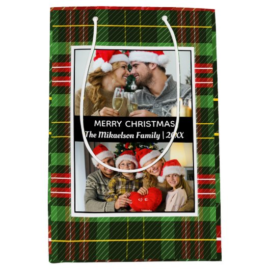 グリーンプレイドタータンチェックフォトコラージメリークリスマス ミディアムペーパーバッグ (正面)