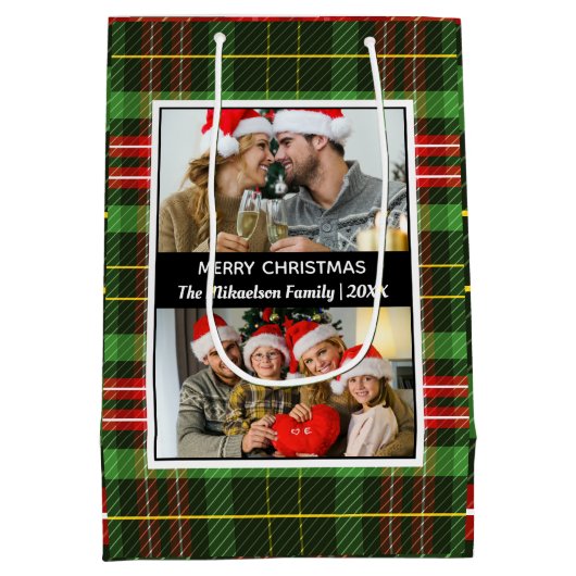 グリーンプレイドタータンチェックフォトコラージメリークリスマス ミディアムペーパーバッグ (裏面)