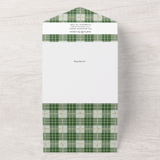 グリーンプレイドファミリークリスマスフォトカードトリフォールド オールインワン招待状 (外側)