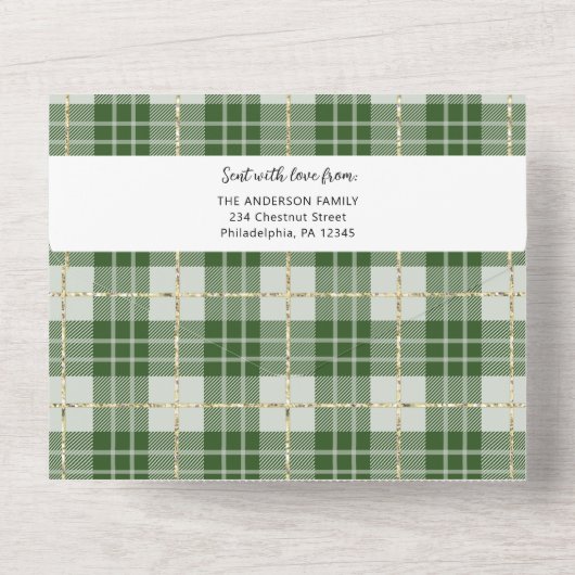 グリーンプレイドファミリークリスマスフォトカードトリフォールド オールインワン招待状 (裏面)