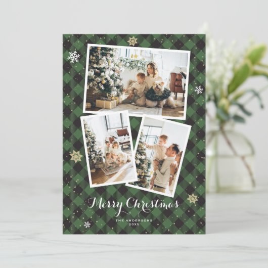 グリーンプレイドフォトコラージメリークリスマスカード シーズンカード (スタンド正面)