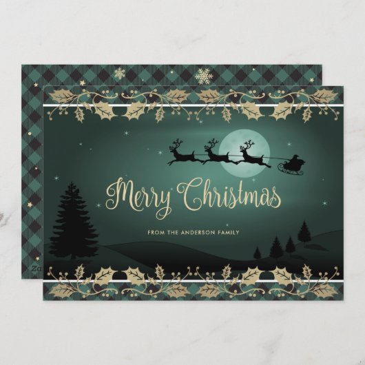 グリーンプレイドホリースノーフレークサンタメリークリスマス シーズンカード (正面/裏面)