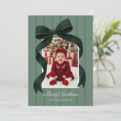グリーンプレイドボウ2枚の写真のクリスマスカード 招待状 (スタンド正面)