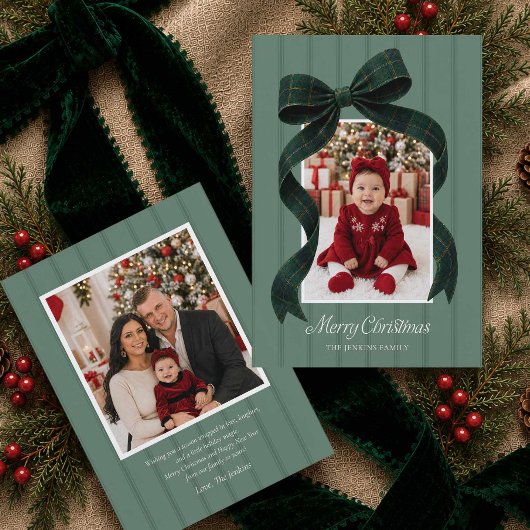 グリーンプレイドボウ2枚の写真のクリスマスカード 招待状