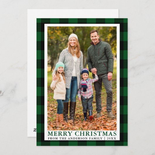 グリーンプレイドメリークリスマスファミリーフォトカード シーズンカード (正面/裏面)