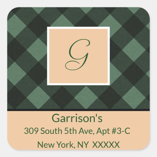 グリーンプレイドモノグラム差出人住所スクエアシール スクエアシール (正面)