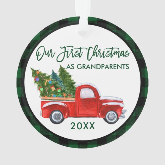 グリーンプレイド初めてのクリスマスを祖父母トラックとして オーナメント (裏面)