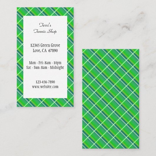 グリーンプレイド名門私立校風の編集可能スモールビジネスカード 名刺 (正面/裏面)