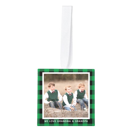 グリーンプレイド祖父母4写真クリスマス キューブオーナメント (正面)