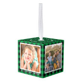 グリーンプレイド祖父母4写真クリスマス キューブオーナメント (裏面アングル)