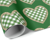 グリーンプレイド金ゴールドグリッターハートホリデー ラッピングペーパー (ロールコーナー)