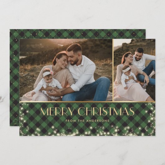 グリーンプレイド金ゴールド写真輝くメリークリスマス シーズンカード (正面/裏面)