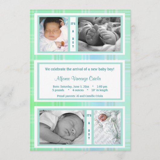 グリーンプレイド クワッドフォト 誕生発表 案内状 (正面)