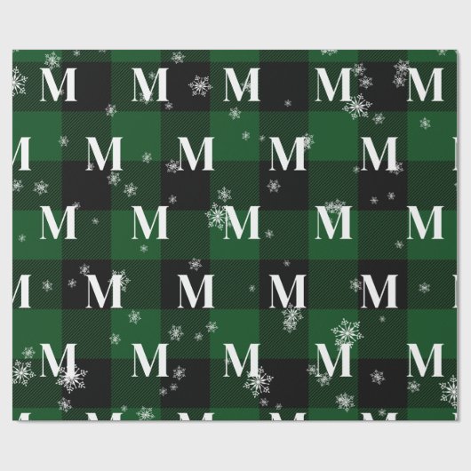 グリーンプレイド&スノーフレークスモノグラムイニシャル冬 ラッピングペーパー (フラット)