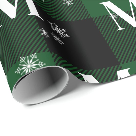 グリーンプレイド&スノーフレークスモノグラムイニシャル冬 ラッピングペーパー (ロールコーナー)