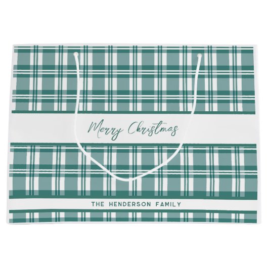 グリーンプレイド |メリークリスマス |名前をカスタムする ラージペーパーバッグ (正面)