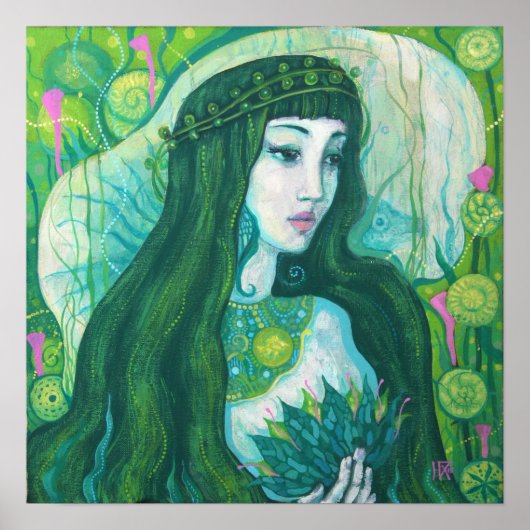 グリーンヘアマーメイド水中ファンタジー超現実美術 ポスター (正面)