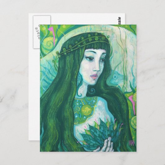 グリーンヘアマーメイド水中ファンタジー超現実美術 ポストカード (正面/裏面)