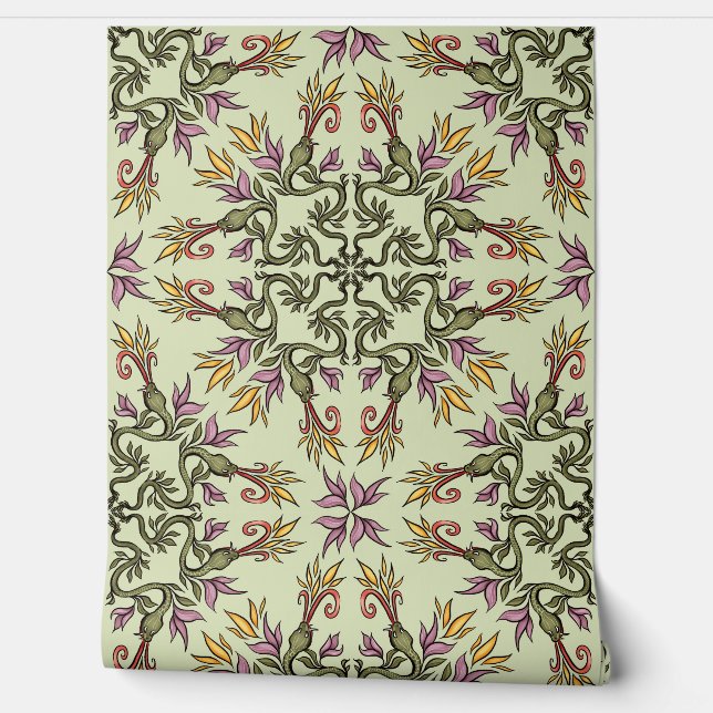 グリーンヘビフローラマンダラボタニカルファンタジーアート 壁紙 (ほどく)