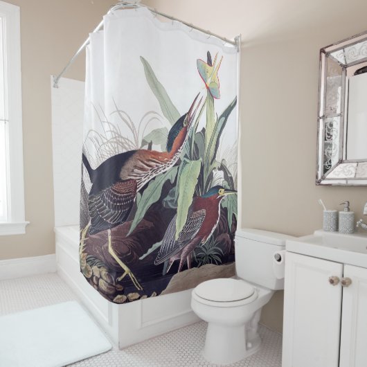 グリーンヘロンバイオードゥボンヴィンテージバードアートワイルドライフ シャワーカーテン (インサイチュ)