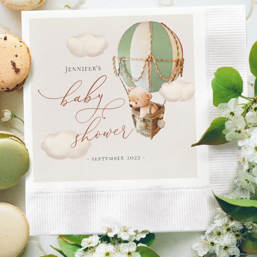 グリーンベアバルーンベイビーシャワー  ジェンダーニュートラル 縁ありカクテルナプキン