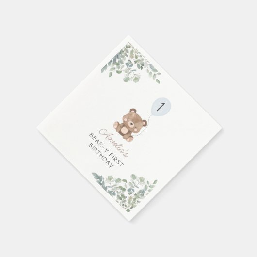 グリーンベアーバルーン1歳男女兼用誕生日 スタンダードカクテルナプキン (角)