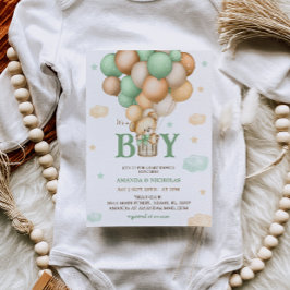 グリーンベアーホットエアバルーン男の赤ちゃんシャワー 招待状