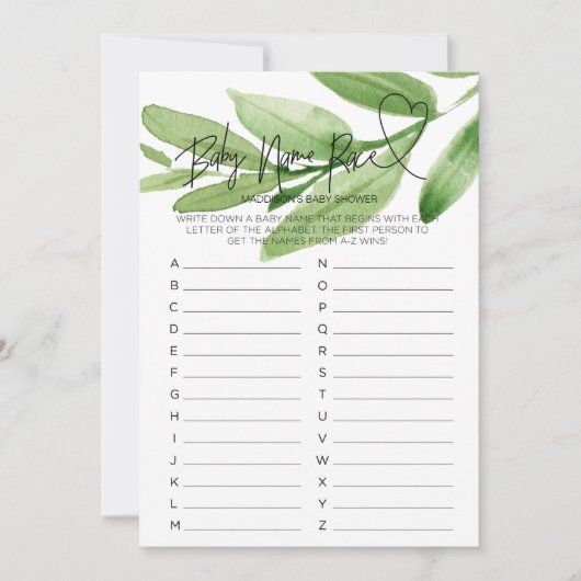 グリーンベイビーシャワゲーム 赤ちゃんの名前レースカード 招待状 (正面)