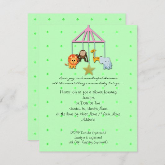 グリーンベビーアニマル移動ベビーシャワー招待状 招待状 (正面/裏面)