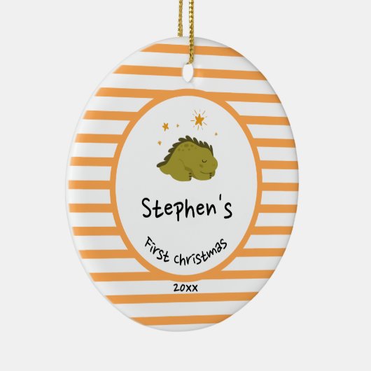 グリーンベビーディノ |初めてのクリスマスオレンジストライプ色 セラミックオーナメント (右)