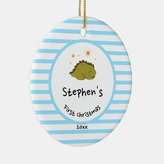 グリーンベビーディノ |初めてのクリスマスベビーブルーストライプ セラミックオーナメント (右)