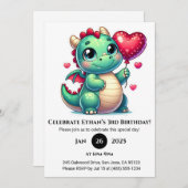 グリーンベビードラゴンとハートバルーン誕生日 招待状 (正面/裏面)