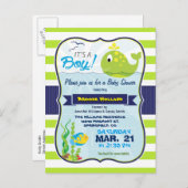 グリーンベビーホエールボーイベビーシャワー招待状 インビテーションポストカード (正面/裏面)