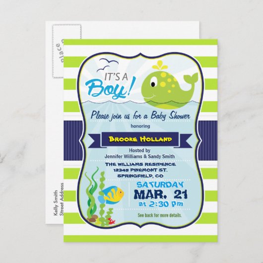 グリーンベビーホエールボーイベビーシャワー招待状 インビテーションポストカード (正面/裏面)