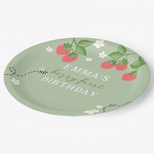 グリーンベリーファーストピンクのイチゴと花 ペーパープレート (アングル)