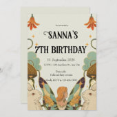 グリーンベージュオレンジキュートフェアリーテイルバニー誕生日 招待状 (正面/裏面)