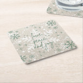 グリーンベージュスノーフレークスラブピースジョイホリデー スクエアペーパーコースター (アングル)