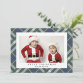 グリーンベージュタータンチェックの格子模様のクリスマスフォトカード シーズンカード (スタンド正面)