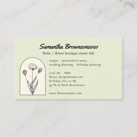 グリーンベージュダンデエレガントリオンフラワーフローリスト 名刺 (裏面)