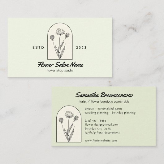 グリーンベージュダンデエレガントリオンフラワーフローリスト 名刺 (正面/裏面)
