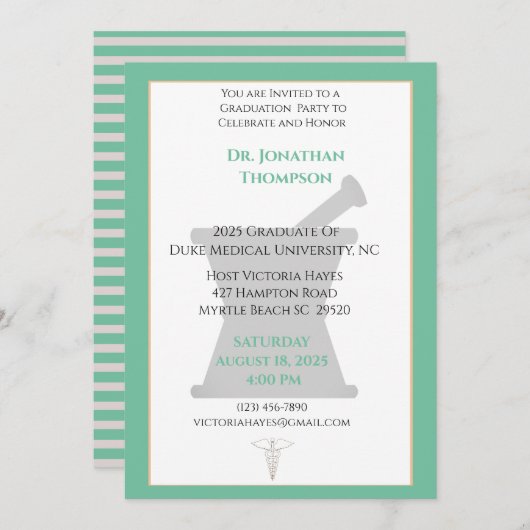 グリーンベージュモルタルペスル薬学卒業 招待状 (正面/裏面)