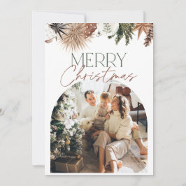 グリーンベージュ素朴アーチフォトクリスマスカード シーズンカード