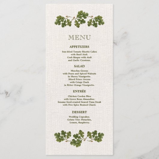 グリーンベージュ葉ヴィンテージオーク結婚のメニューカード メニュー (正面)